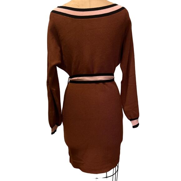 Off the Shoulder Boat Neck Contrast Long Sleeve Knit Belted Sweater Dress Size M - Picture 4 of 14